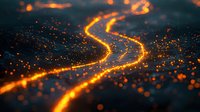 Glowing curved road with orange light trails and bokeh effects against dark background creates magical night scene atmosphere for transportation designs.