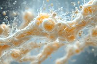 Abstract macro photography of liquid cream and milk splashes with orange spherical droplets creating dynamic motion against blue background.