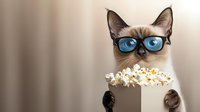Siamese cat wearing glasses holding popcorn box while watching movie at home. Funny pet entertainment concept with smart feline character and snack.