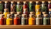 Colorful spice jars with herbs and seasonings arranged on wooden shelf for cooking and culinary preparation in kitchen pantry storage organization.