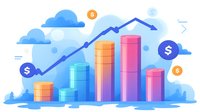 Colorful financial bar chart showing growth trend with ascending line graph and dollar symbols against blue cloudy background, modern gradient style.