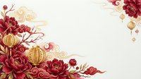 Burgundy peonies with gold lanterns and swirling branches on cream background, isolated design element for wedding invitations, greeting cards, and festive decorations.