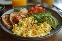 Scrambled eggs with fresh sliced avocado, cherry tomatoes and toasted bread on dark plate. Healthy protein-rich breakfast with herbs and spices.
