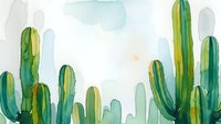Watercolor desert landscape with green cacti and soft pastel sky background for botanical wall art and home decor projects.