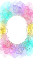 Watercolor rainbow frame with ornate doodle patterns and white oval space for text or design elements on transparent background for creative projects.