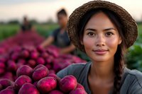 Young Asian female farmer in straw hat smiling at camera with fresh harvested red onions in foreground, agricultural workers picking vegetables in background field.