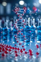 Red and silver DNA helix structure on blurred blue background with bokeh effect, molecular biology concept for genetics research and medical science.