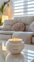 Glowing ceramic candle holder on white coffee table with cozy sofa and window blinds in background creates peaceful home atmosphere for relaxation and mindfulness.