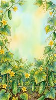 Cucumber plants with yellow flowers and green vines frame a soft watercolor background, creating an isolated botanical border design suitable for invitations, cards, and garden-themed projects.