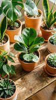 Collection of green houseplants in terracotta pots on wooden surface for indoor gardening and home decor botanical arrangement.