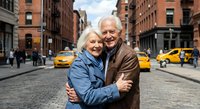 Happy senior Caucasian couple embracing on cobblestone street with yellow taxis and brick buildings in urban city setting for lifestyle and travel concepts.