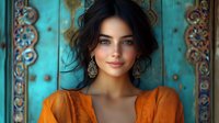 Young woman with dark hair wearing orange traditional dress and silver earrings poses against ornate turquoise door with ethnic patterns and decorative details.