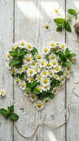 Heart shape made of white daisy flowers and green mint leaves on rustic wooden background with twine, flat lay spring composition.