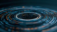 Futuristic circular technology pattern with glowing blue and orange lights on dark background creates dynamic digital data visualization effect.
