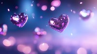 Glowing purple heart shapes floating in dreamy bokeh atmosphere with soft pink and blue gradient background, romantic Valentine concept for designs.