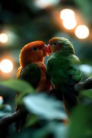 Pair of lovebirds sharing tender moment on branch with soft bokeh lights in background, orange and green feathers glowing in warm evening atmosphere. Perfect for Valentine's day.