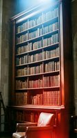 Tall wooden bookshelf filled with vintage books in classic library interior with dramatic lighting and leather armchair for reading atmosphere.