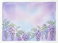 Watercolor wisteria flowers frame with purple blooms and green leaves on soft gradient background for spring wedding invitations and floral designs.