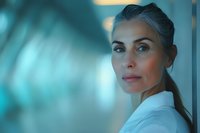 Elegant mature woman with gray hair and natural makeup in white blouse against turquoise background, soft lighting creates atmospheric professional portrait.