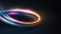 Glowing spiral light trail with blue, pink and golden colors against dark background creates magical cosmic effect with sparkling particles and motion blur.