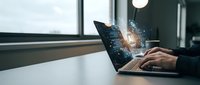 Professional businessman working on laptop with digital network connections and data visualization in modern office environment for technology business concepts.