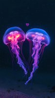 Luminescent jellyfish pair in deep ocean waters glowing with purple and blue bioluminescence, forming heart shape with tentacles against starry dark background.