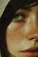 Close-up portrait of a young woman with freckles, green eyes, and natural skin texture in warm, moody lighting.