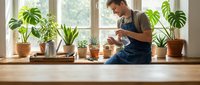 Young man caring for houseplants on sunny windowsill, watering green plants in terracotta pots for indoor gardening and home decoration lifestyle.