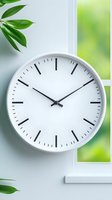Minimalist white wall clock against bright window with green plant leaves, representing time management and modern interior design aesthetic for office spaces.