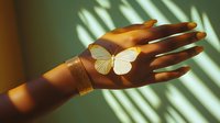 Delicate white butterfly resting on dark-skinned female hand with gold bracelet, cast in warm sunlight and shadow stripes creating artistic composition.
