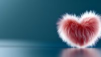 Pink fluffy heart shape with soft fur texture floating on reflective surface against dark teal background, romantic valentine concept for greeting cards and designs.