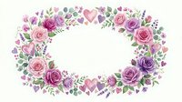 Watercolor floral oval frame with pink and purple roses, hearts and greenery on white background. Romantic border for wedding invitations and greeting cards.