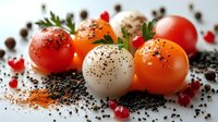 Colorful tomato cherry balls with black pepper, spices and cranberries on light surface. Fresh herbs and paprika powder create gourmet food styling.