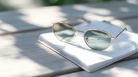 Stylish round gold-framed sunglasses with green tinted lenses resting on open white notebook pages in soft natural lighting with geometric shadow patterns.