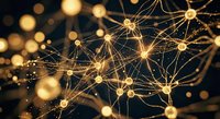Abstract golden network connections with glowing nodes and lines representing digital technology, data flow, and interconnected systems for modern business.