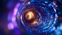 Abstract spiral tunnel with glowing blue and purple light effects, golden center point creating futuristic technological perspective. Suitable for backgrounds.