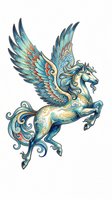 Ornate winged horse with turquoise and gold decorative patterns, isolated on transparent background. Ready for t-shirt design, clipart, stickers, sublimation, and print-on-demand products.