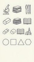 Educational line icons set with microscope, books, pens, eraser, compass and geometric shapes on beige background for school and learning materials.