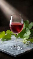 Glass of red wine on marble board with fresh grape leaves and dramatic lighting for wine tasting and vineyard concepts.