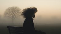 Silhouette of woman with flowing hair sitting on bench at misty dawn, dramatic profile against foggy landscape with lone tree creating moody atmospheric scene.