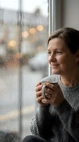 Middle-aged Caucasian woman in cozy gray sweater holding warm mug, gazing thoughtfully through rain-covered window with soft bokeh lights in background.