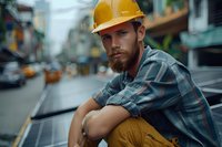 Confident construction worker with red beard wearing yellow hard hat and plaid shirt sits on vehicle in urban setting. Moody cinematic portrait shows determination.