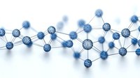 Molecular structure network visualization in blue and white tones showing connected nodes and links forming scientific pattern for chemistry or technology concepts.