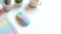 Colorful gradient computer mouse with pastel mint, pink, and blue design on white desk workspace with coffee cup, plant, and stationery for creative professionals.