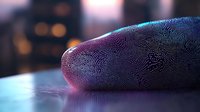 Macro fingerprint pattern with futuristic digital scan effect in purple and blue gradient lighting, showing detailed ridges and biometric security technology.