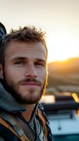 Young bearded man with gentle smile backlit by golden sunset light wearing outdoor gear and backpack, close-up portrait with natural warm glow and soft bokeh background.