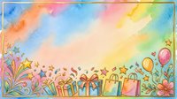 Watercolor rainbow gradient background with hand-drawn gift boxes, balloons, stars, and flowers. Isolated design element on white border, ready for greeting cards, invitations, posters, and children's artwork projects.