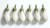 White eggplants arranged in neat row on white background, fresh organic produce showing unique variety with pale color and green stems, isolated for design use.