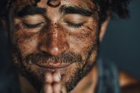 Middle-aged man with eyes closed in peaceful meditation, dirt-covered face showing connection to earth and nature for mindfulness concepts.