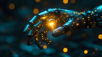 Robotic hand holding glowing light bulb against dark background with bokeh effects, symbolizing artificial intelligence and technological innovation in future energy.